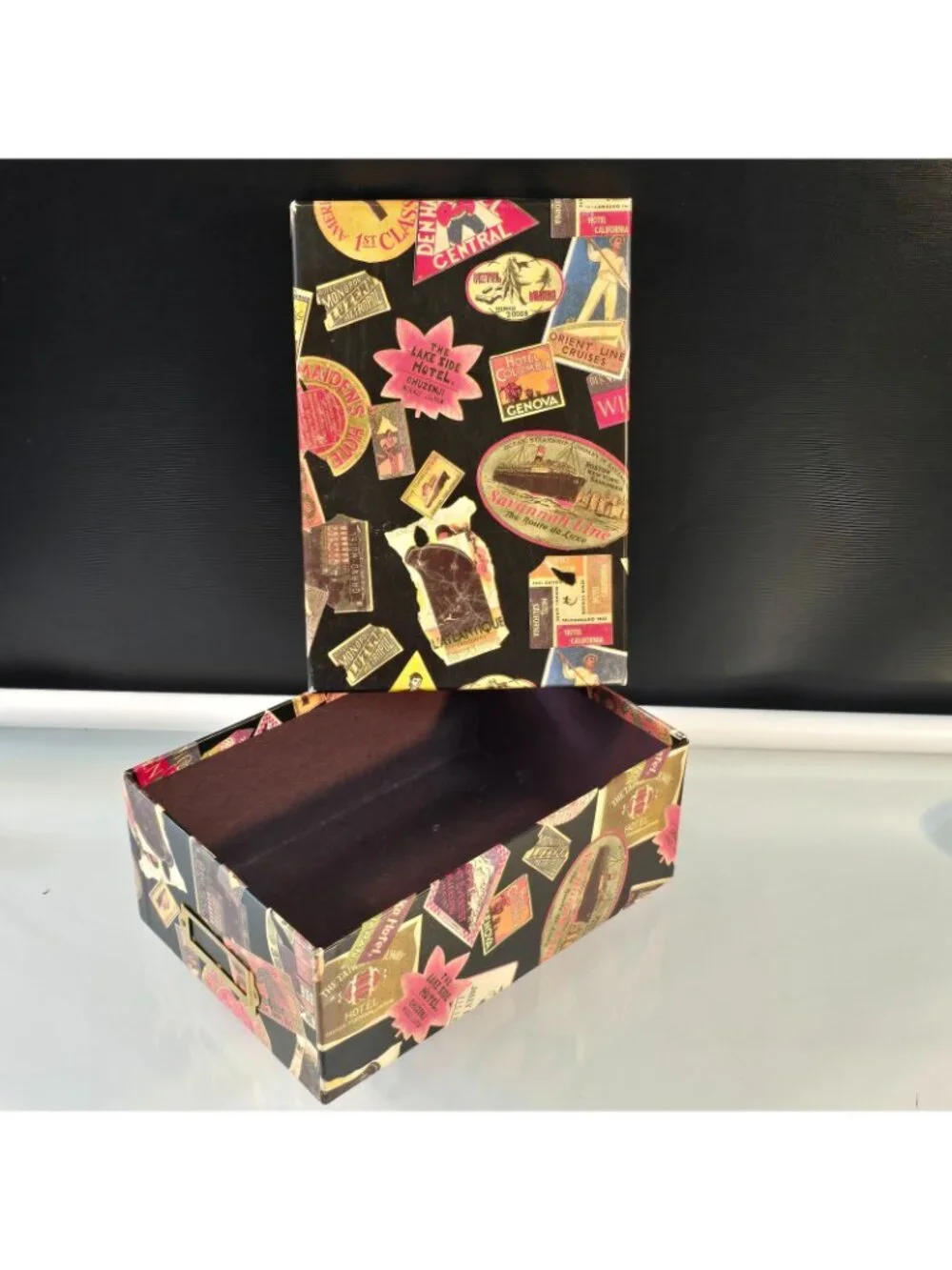 Decorative Storage Box Vintage Travel Labels Collage #1